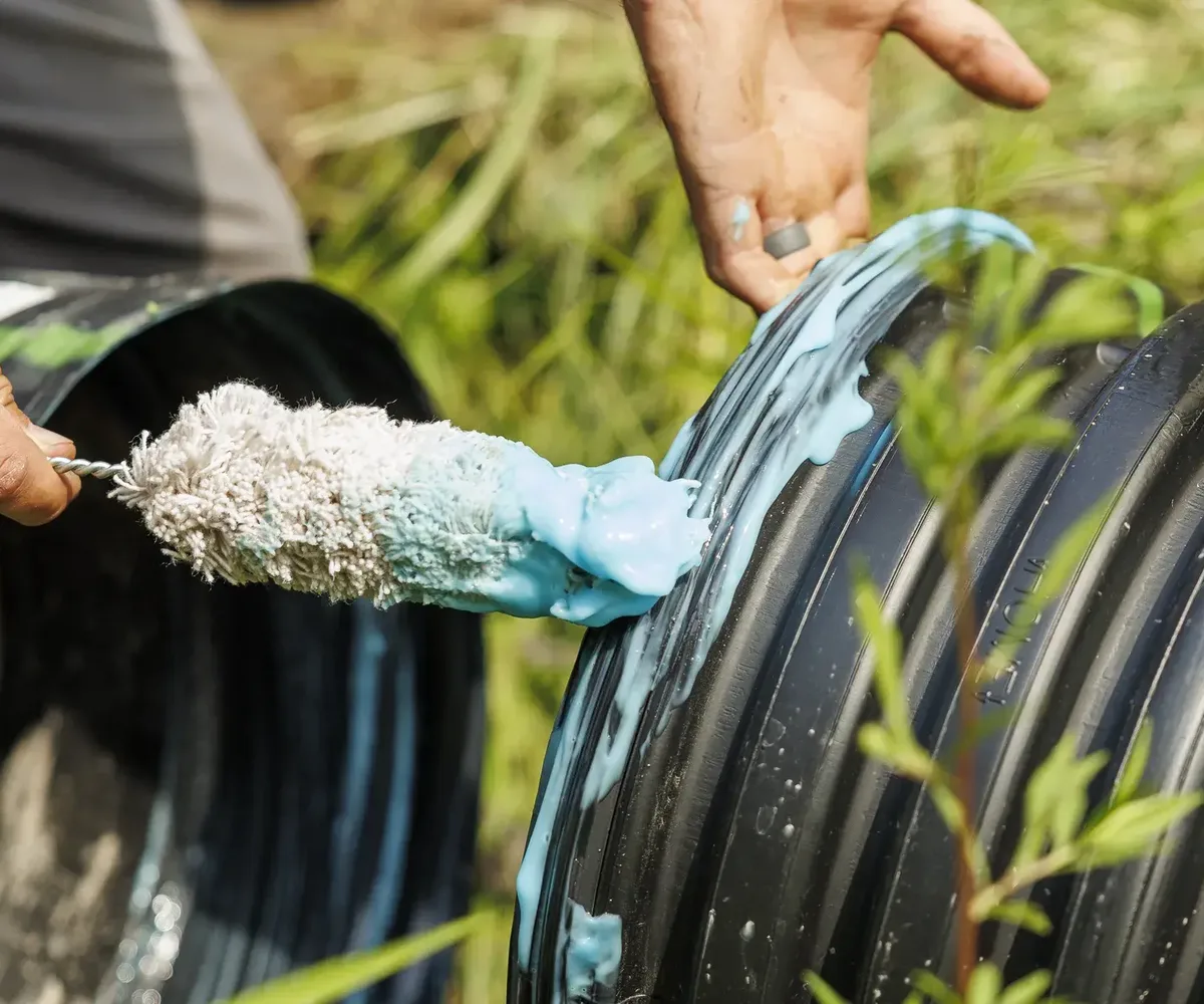 Crew sealing a pipe joint during a drainage installation